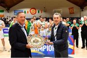 15 August 2021; Roberto Berardi of San Marino is presented with the fair play award by Interim CEO of Basketball Ireland Paddy Boyd after the FIBA Men’s European Championship for Small Countries day five match between Ireland and Malta at National Basketball Arena in Tallaght, Dublin. Photo by Eóin Noonan/Sportsfile