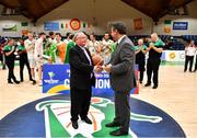 15 August 2021; FIBA Technical Delegate Stefan Laimer is presented with a signed ball by FIBA Commissioner Mr Robert Bald after the FIBA Men’s European Championship for Small Countries day five match between Ireland and Malta at National Basketball Arena in Tallaght, Dublin. Photo by Eóin Noonan/Sportsfile