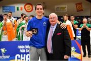 15 August 2021; Guillem Colom of Andorra is presented with his All Star award by FIBA Commissioner Robert Bald during the FIBA Men’s European Championship for Small Countries day five match between Ireland and Malta at National Basketball Arena in Tallaght, Dublin. Photo by Eóin Noonan/Sportsfile
