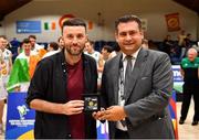 15 August 2021; Miguel Ortega of Gibraltar is presented with his All Star award by FIBA Technical Delegate Stefan Laimer after the FIBA Men’s European Championship for Small Countries day five match between Ireland and Malta at National Basketball Arena in Tallaght, Dublin. Photo by Eóin Noonan/Sportsfile