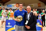 15 August 2021; Guillem Colom of Andorra is presented with his MVP award by Basketball Ireland interim CEO Paddy Boyd after the FIBA Men’s European Championship for Small Countries day five match between Ireland and Malta at National Basketball Arena in Tallaght, Dublin. Photo by Eóin Noonan/Sportsfile