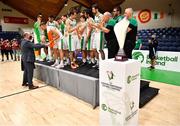 15 August 2021; Ireland players are presented with their medals by President of Basketball Ireland PJ Reidy after the FIBA Men’s European Championship for Small Countries day five match between Ireland and Malta at National Basketball Arena in Tallaght, Dublin. Photo by Eóin Noonan/Sportsfile