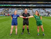 15 August 2021; Referee Jonathan Murphy with the two captains Martina O'Brien of Cork, left, and Shauna Ennis of Meath before the TG4 All-Ireland Senior Ladies Football Championship Semi-Final match between Cork and Meath at Croke Park in Dublin. Photo by Ray McManus/Sportsfile