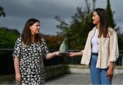 16 August 2021; Aimee Mackin of Armagh is presented with The Croke Park / LGFA Player of the Month award for July by Muireann King, Director of Sales & Marketing, The Croke Park, at The Croke Park in Jones Road, Dublin. Aimee scored 4-28 during Armagh’s four matches in the 2021 TG4 All-Ireland Ladies Senior Football Championship, including a combined 3-22 against Monaghan, Cavan and Mayo in July. The 2020 Senior Players’ Player of the Year currently leads the race for the inaugural ZuCar Golden Boot award.  Photo by Eóin Noonan/Sportsfile