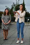 16 August 2021; Aimee Mackin of Armagh is presented with The Croke Park / LGFA Player of the Month award for July by Muireann King, Director of Sales & Marketing, The Croke Park, at The Croke Park in Jones Road, Dublin. Aimee scored 4-28 during Armagh’s four matches in the 2021 TG4 All-Ireland Ladies Senior Football Championship, including a combined 3-22 against Monaghan, Cavan and Mayo in July. The 2020 Senior Players’ Player of the Year currently leads the race for the inaugural ZuCar Golden Boot award.  Photo by Eóin Noonan/Sportsfile