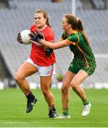 15 August 2021; Libby Coppinger of Cork in action against Aoibhín Cleary of Meath during the TG4 All-Ireland Senior Ladies Football Championship Semi-Final match between Cork and Meath at Croke Park in Dublin. Photo by Ray McManus/Sportsfile