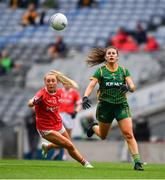 15 August 2021; Emma Troy of Meath in action against Sadhbh O'Leary of Cork during the TG4 All-Ireland Senior Ladies Football Championship Semi-Final match between Cork and Meath at Croke Park in Dublin. Photo by Ray McManus/Sportsfile