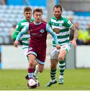 15 August 2021; Darragh Markey of Drogheda United in action against Chris McCann of Shamrock Rovers during the SSE Airtricity League Premier Division match between Drogheda United and Shamrock Rovers at Head in the Game Park in Drogheda, Louth. Photo by Michael P Ryan/Sportsfile