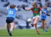 14 August 2021; Shauna Howley of Mayo in action against Lyndsey Davey of Dublin during the TG4 Ladies Football All-Ireland Championship semi-final match between Dublin and Mayo at Croke Park in Dublin. Photo by Piaras Ó Mídheach/Sportsfile