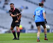 14 August 2021; Referee Séamus Mulvihill allows Sinéad Aherne to play on after a foul during the TG4 Ladies Football All-Ireland Championship semi-final match between Dublin and Mayo at Croke Park in Dublin. Photo by Piaras Ó Mídheach/Sportsfile