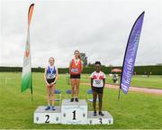 14 August 2021; Girls under-14 80 metre hurdle medallists, from left, Ciara Laffan, silver, of Bree A.C., Wexford, Louise Mullins, gold, of Fanahan Mc Sweeney A.C., Cork, and Lucy Hounponou, bronze, of Galway City Harriers A.C., Galway, during day six of the Irish Life Health National Juvenile Track & Field Championships at Tullamore Harriers Stadium in Tullamore, Offaly. Photo by Matt Browne/Sportsfile