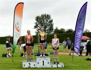 14 August 2021; Girls under-18 Triple Jump medallists from left, Anna McKinty, silver, of Orangegrove AC, Antrim, Grace Fitzgerald, gold,of Tipperary Town A.C., Tipperary, and Rachel Gregg, bronze, of D.M.P. A.C., Wexford, during day six of the Irish Life Health National Juvenile Track & Field Championships at Tullamore Harriers Stadium in Tullamore, Offaly. Photo by Matt Browne/Sportsfile