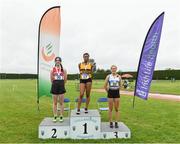 14 August 2021; Girls under-16 medallists, from left, Veronica O'Neill, silver, of City of Derry Spartans, Derry, Okwu Backari, gold, of Leevale A.C., Cork, and Caoimhe Fitzsimons, bronze, of Ratoath A.C., Meath, during day six of the Irish Life Health National Juvenile Track & Field Championships at Tullamore Harriers Stadium in Tullamore, Offaly. Photo by Matt Browne/Sportsfile