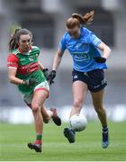14 August 2021; Lauren Magee of Dublin in action against Niamh Kelly of Mayo during the TG4 Ladies Football All-Ireland Championship semi-final match between Dublin and Mayo at Croke Park in Dublin. Photo by Piaras Ó Mídheach/Sportsfile