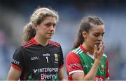 14 August 2021; Mayo players Laura Brennan, left, and Dayna Finn leave the pitch after their side's defeat in the TG4 Ladies Football All-Ireland Championship semi-final match between Dublin and Mayo at Croke Park in Dublin. Photo by Piaras Ó Mídheach/Sportsfile
