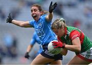 14 August 2021; Siobhán McGrath of Dublin appeals to referee Séamus Mulvihill as Maria Reilly of Mayo goes on the attack during the TG4 Ladies Football All-Ireland Championship semi-final match between Dublin and Mayo at Croke Park in Dublin. Photo by Piaras Ó Mídheach/Sportsfile