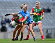 14 August 2021; Róisín Durkin of Mayo, supported by team-mate Fiona McHale, in action against Siobhán Killeen of Dublin during the TG4 Ladies Football All-Ireland Championship semi-final match between Dublin and Mayo at Croke Park in Dublin. Photo by Piaras Ó Mídheach/Sportsfile