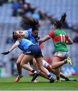 14 August 2021; Sinéad Goldrick of Dublin is tackled by Rachel Kearns of Mayo, 11, during the TG4 Ladies Football All-Ireland Championship semi-final match between Dublin and Mayo at Croke Park in Dublin. Photo by Piaras Ó Mídheach/Sportsfile