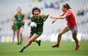 15 August 2021; Emma Duggan of Meath in action against Méabh Cahalane of Cork during the TG4 All-Ireland Senior Ladies Football Championship Semi-Final match between Cork and Meath at Croke Park in Dublin. Photo by Stephen McCarthy/Sportsfile
