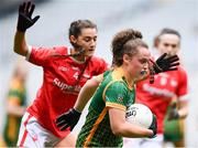 15 August 2021; Emma Duggan of Meath in action against Eimear Meaney of Cork during the TG4 All-Ireland Senior Ladies Football Championship Semi-Final match between Cork and Meath at Croke Park in Dublin. Photo by Stephen McCarthy/Sportsfile