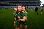 15 August 2021; Orla Byrne, left, and Niamh Gallogly of Meath celebrate following the TG4 All-Ireland Senior Ladies Football Championship Semi-Final match between Cork and Meath at Croke Park in Dublin. Photo by Stephen McCarthy/Sportsfile