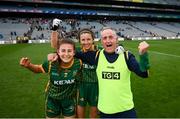 15 August 2021; Meath manager Eamonn Murray celebrates with Emma Troy, left, and Niamh O'Sullivan following the TG4 All-Ireland Senior Ladies Football Championship Semi-Final match between Cork and Meath at Croke Park in Dublin. Photo by Stephen McCarthy/Sportsfile