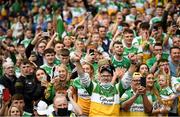 15 August 2021; Offaly supporters celebrate following the 2021 Eirgrid GAA Football All-Ireland U20 Championship Final match between Roscommon and Offaly at Croke Park in Dublin. Photo by Stephen McCarthy/Sportsfile