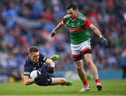 14 August 2021; Kevin McLoughlin of Mayo tries to get the ball off Dublin goalkeeper Evan Comerford, after Comerford conceeded a free, during the GAA Football All-Ireland Senior Championship semi-final match between Dublin and Mayo at Croke Park in Dublin. Photo by Piaras Ó Mídheach/Sportsfile