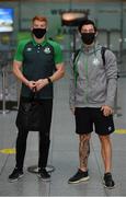 18 August 2021; Shamrock Rovers players Rory Gaffney, left, and Richie Towell at Dublin Airport prior to their team's departure to Estonia for their UEFA Europa Conference League Play-Off First Leg match against Flora Tallinn. Photo by Stephen McCarthy/Sportsfile