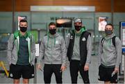18 August 2021; Shamrock Rovers players, from left, Aaron Greene, Dylan Watts, Joey O'Brien and Max Murphy at Dublin Airport prior to their team's departure to Estonia for their UEFA Europa Conference League Play-Off First Leg match against Flora Tallinn. Photo by Stephen McCarthy/Sportsfile