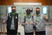 18 August 2021; Shamrock Rovers players, from left, Sean Gannon, Sean Kavanagh and Graham Burke at Dublin Airport prior to their team's departure to Estonia for their UEFA Europa Conference League Play-Off First Leg match against Flora Tallinn. Photo by Stephen McCarthy/Sportsfile