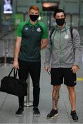 18 August 2021; Shamrock Rovers players Rory Gaffney, left, and Richie Towell at Dublin Airport prior to their team's departure to Estonia for their UEFA Europa Conference League Play-Off First Leg match against Flora Tallinn. Photo by Stephen McCarthy/Sportsfile
