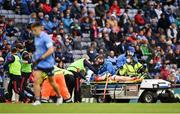 14 August 2021; Eoghan McLaughlin of Mayo is helped off the field on a medical buggy to receive medical attention for an injury during the GAA Football All-Ireland Senior Championship semi-final match between Dublin and Mayo at Croke Park in Dublin. Photo by Piaras Ó Mídheach/Sportsfile