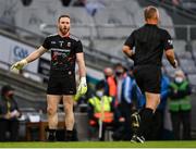 14 August 2021; Mayo goalkeeper Rob Hennelly in conversation with referee Conor Lane, before having to retake a '45, during the GAA Football All-Ireland Senior Championship semi-final match between Dublin and Mayo at Croke Park in Dublin. Photo by Piaras Ó Mídheach/Sportsfile