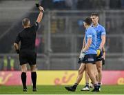 14 August 2021; Tom Lahiff of Dublin, behind, is shown the black card by referee Conor Lane during the GAA Football All-Ireland Senior Championship semi-final match between Dublin and Mayo at Croke Park in Dublin. Photo by Piaras Ó Mídheach/Sportsfile