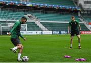 18 August 2021; Danny Mandroiu, left, with Rory Gaffney during a Shamrock Rovers training session at A. Le Coq Arena in Tallinn, Estonia. Photo by Eóin Noonan/Sportsfile