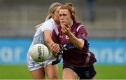 15 August 2021; Sarah Dillon of Westmeath in action against Lauren Murtagh of Kildare during the TG4 All-Ireland Senior Ladies Football Championship Semi-Final match between Kildare and Westmeath at Parnell Park in Dublin. Photo by Brendan Moran/Sportsfile