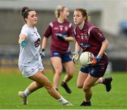 15 August 2021; Anna Jones of Westmeath in action against Laoise Lenehan of Kildare during the TG4 All-Ireland Senior Ladies Football Championship Semi-Final match between Kildare and Westmeath at Parnell Park in Dublin. Photo by Brendan Moran/Sportsfile