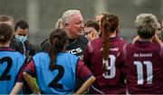 15 August 2021; Westheath manager Sean Finnegan speaks to his players after the TG4 All-Ireland Senior Ladies Football Championship Semi-Final match between Kildare and Westmeath at Parnell Park in Dublin. Photo by Brendan Moran/Sportsfile