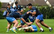 19 August 2021; Michael Alaalatoa, right with Ed Byrne and Josh Murphy during Leinster Rugby squad training at UCD in Dublin. Photo by Brendan Moran/Sportsfile