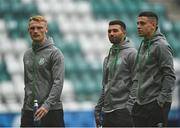 19 August 2021; Shamrock Rovers players, from left, Liam Scales, Danny Mandroiu and Gary O'Neill before the UEFA Europa Conference League play-off first leg match between Flora Tallinn and Shamrock Rovers at A. Le Coq Arena in Tallinn, Estonia Photo by Eóin Noonan/Sportsfile