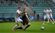 19 August 2021; Rory Gaffney of Shamrock Rovers in action against Henrik Pürg of Flora Tallinn during the UEFA Europa Conference League play-off first leg match between Flora Tallinn and Shamrock Rovers at A. Le Coq Arena in Tallinn, Estonia Photo by Eóin Noonan/Sportsfile