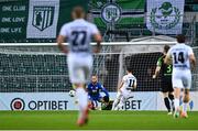 19 August 2021; Rauno Sappinen of Flora Tallinn has a shot on goal, that was saved by Shamrock Rovers goalkeeper Alan Mannus, during the UEFA Europa Conference League play-off first leg match between Flora Tallinn and Shamrock Rovers at A. Le Coq Arena in Tallinn, Estonia Photo by Eóin Noonan/Sportsfile