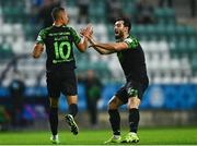 19 August 2021; Graham Burke of Shamrock Rovers, left, celebrates with team-mate Richie Towell after scoring his side's first goal during the UEFA Europa Conference League play-off first leg match between Flora Tallinn and Shamrock Rovers at A. Le Coq Arena in Tallinn, Estonia Photo by Eóin Noonan/Sportsfile