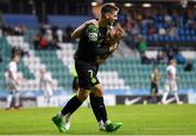 19 August 2021; Liam Scales of Shamrock Rovers, right, celebrates with team-mate Dylan Watts after scoring his side's second goal during the UEFA Europa Conference League play-off first leg match between Flora Tallinn and Shamrock Rovers at A. Le Coq Arena in Tallinn, Estonia Photo by Eóin Noonan/Sportsfile