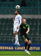 19 August 2021; Sergei Zenjov of Flora Tallinn in action against Liam Scales of Shamrock Rovers during the UEFA Europa Conference League play-off first leg match between Flora Tallinn and Shamrock Rovers at A. Le Coq Arena in Tallinn, Estonia Photo by Eóin Noonan/Sportsfile