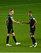 19 August 2021; Liam Scales, left, and Graham Burke of Shamrock Rovers bump fists after the UEFA Europa Conference League play-off first leg match between Flora Tallinn and Shamrock Rovers at A. Le Coq Arena in Tallinn, Estonia Photo by Eóin Noonan/Sportsfile