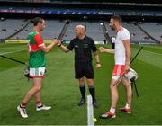 31 July 2021; Referee Richie Fitzsimons with the two captains, Keith Higgins of Mayo and Damian Casey of Tyrone, before the Nickey Rackard Cup Final match between Tyrone and Mayo at Croke Park in Dublin. Photo by Ray McManus/Sportsfile