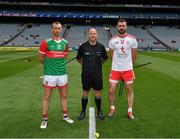 31 July 2021; Referee Richie Fitzsimons with the two captains, Keith Higgins of Mayo and Damian Casey of Tyrone, before the Nickey Rackard Cup Final match between Tyrone and Mayo at Croke Park in Dublin. Photo by Ray McManus/Sportsfile