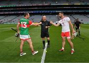 31 July 2021; Referee Richie Fitzsimons with the two captains, Keith Higgins of Mayo and Damian Casey of Tyrone, before the Nickey Rackard Cup Final match between Tyrone and Mayo at Croke Park in Dublin. Photo by Ray McManus/Sportsfile